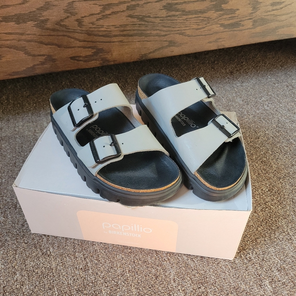 Birkenstock Papillio Gray and Black Arizona Chunky Platform Buckle Sandals